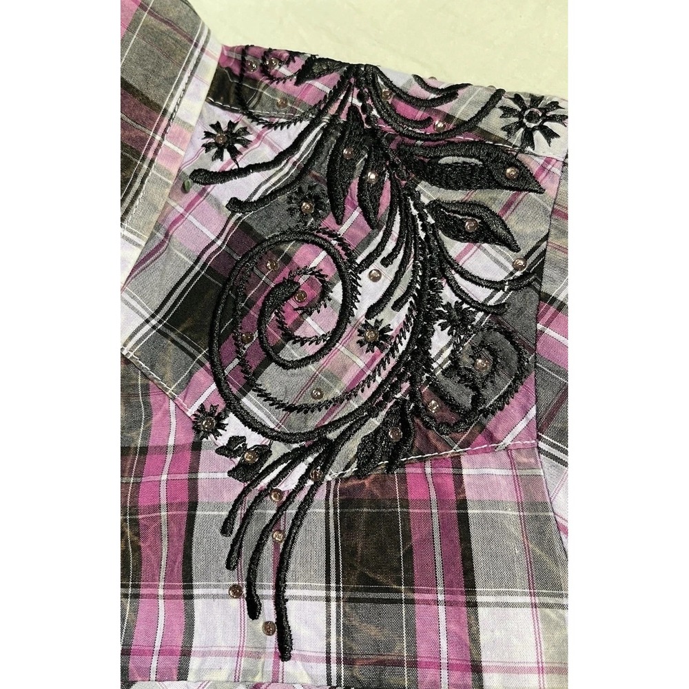 Shyanne Womens Pearl Snap Shirt Size XL Western Embroidered Rodeo Purple Plaid - Picture 7 of 7